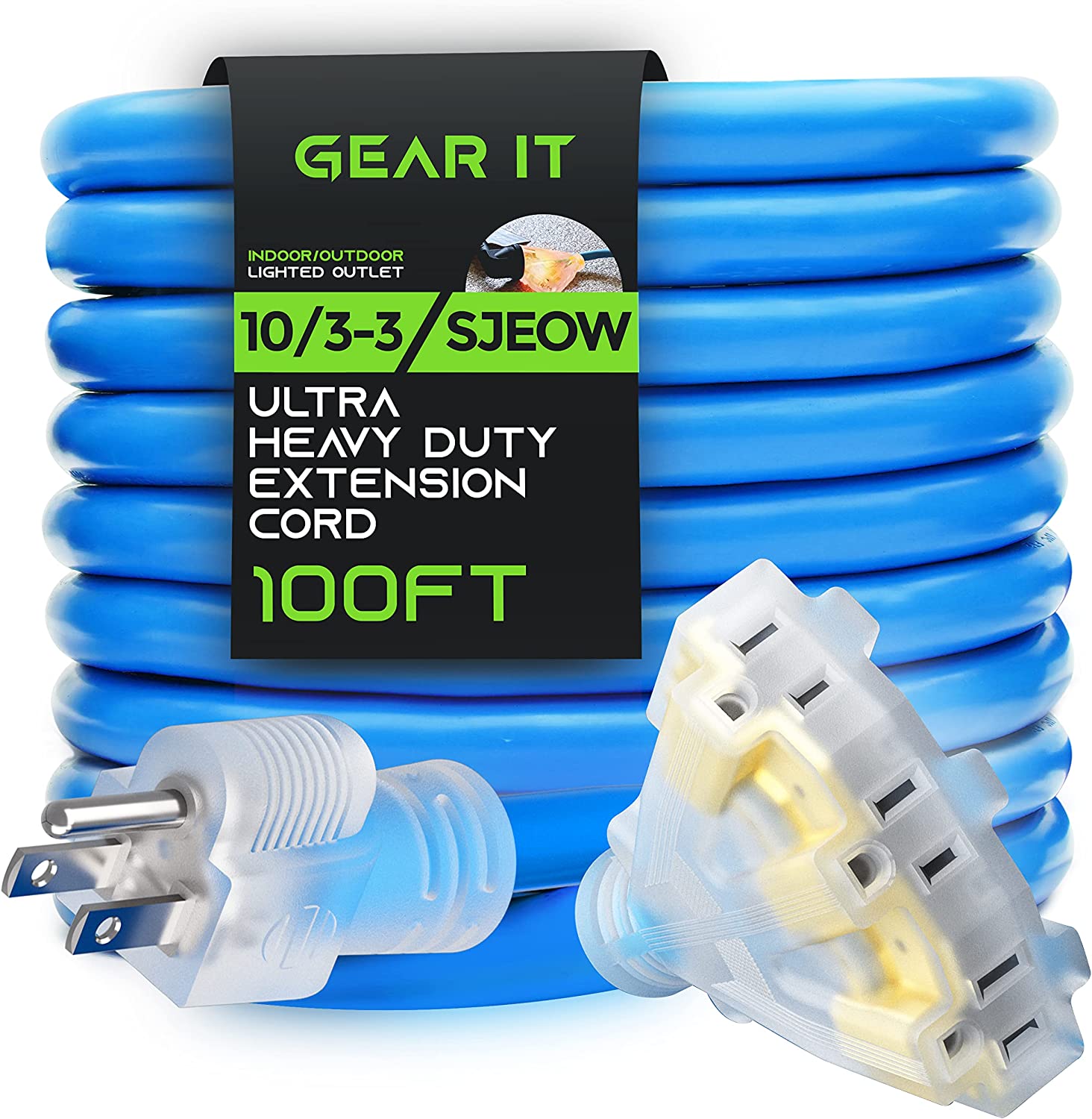 GearIT Extension Cord 100 Feet 10/3-3 Triple Outlet Ultra Heavy Duty